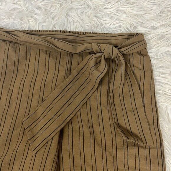 Calvin Klein Linen Brown Pinstriped Elastic Waist Tie Wide Leg Cropped Pants 6 - Picture 7 of 12